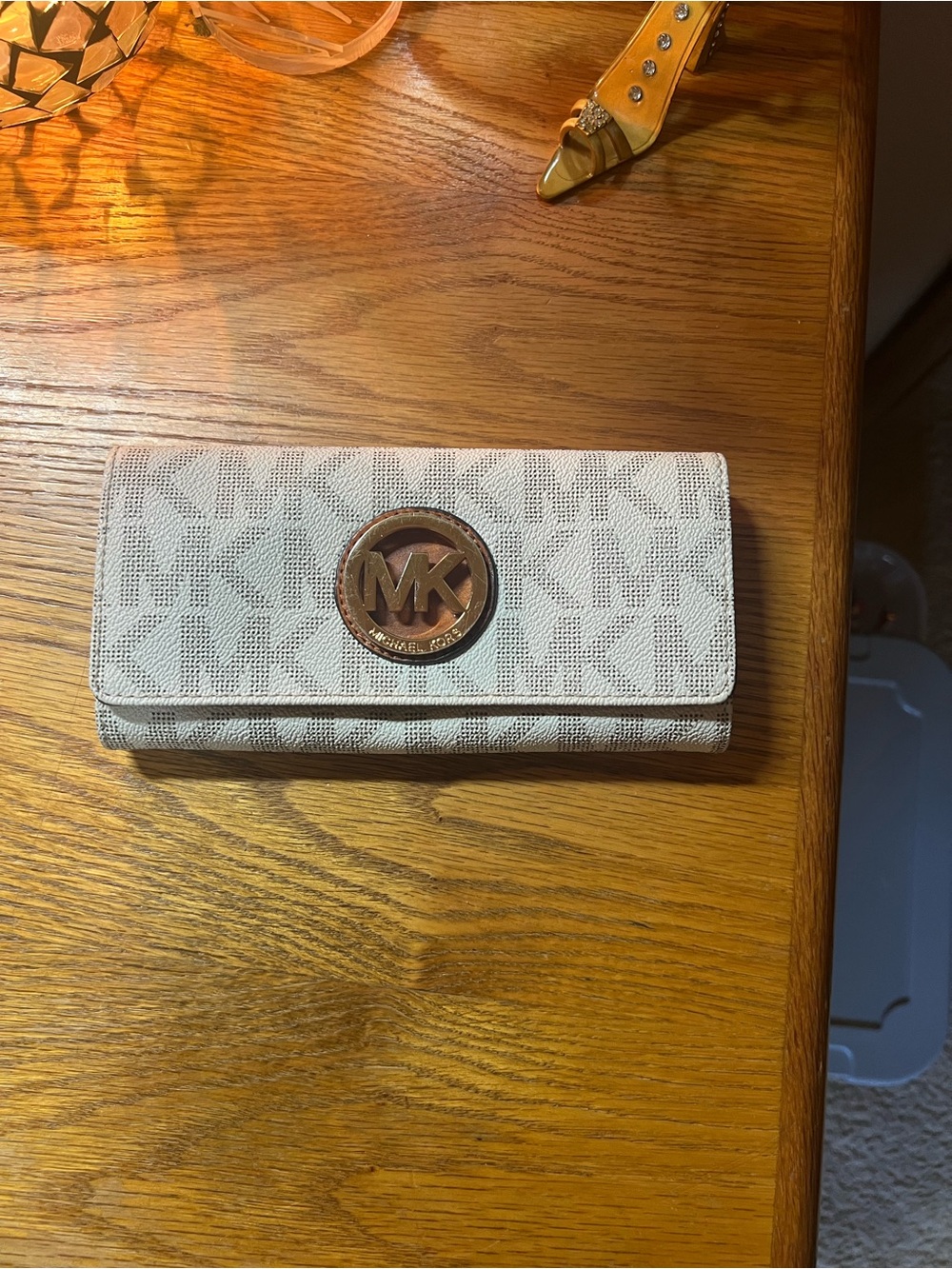 Michael Kors Cream Signature MK Continental Clutch Wallet with Gold Emblem